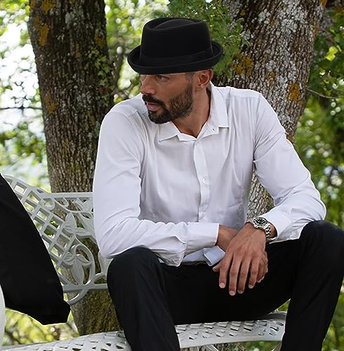 Image of Mens Flat Top Porkpie Hat Bowler Hats - Black Wool Hat with Band(S-M)
