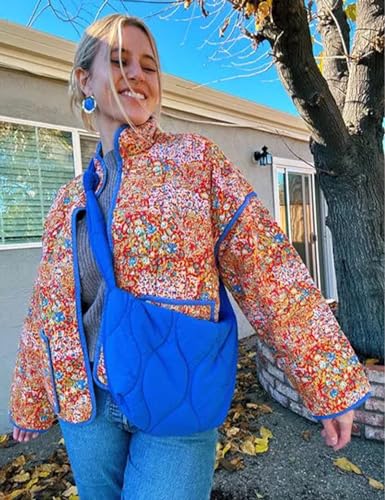 Women's Cropped Quilted Jacket Floral Print Puffer Jackets Lightweight Long Sleeve Warm Puffy Cardigan Coat 2024 Trendy3