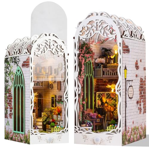 DIY Book Nook Kit - 3D Wooden Puzzle Garden House with LED and Dust Cover - Miniature House Bookshelf Insert Decor - Bookend Diorama for Adults, Craft Gift for Hobbies and Decorations