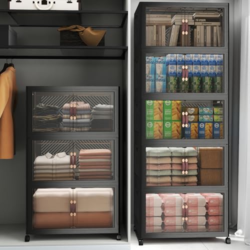 Image of UAMFURI Stackable Storage Bins with Lids, 960QT Lockable Storage Cabinet | Folding Storage Box with Doors and Wheels, Collapsible Plastic Drawers for Home, Garage, Office