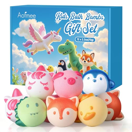Aofmee Bath Bombs for Kids, 12 Pcs Kids Bath Bombs with Essential Oil, 6 Animal Shapes and Fruity Aroma, Natural Organic Spa Gift Set for Boys Girls, Birthday Christmas Halloween