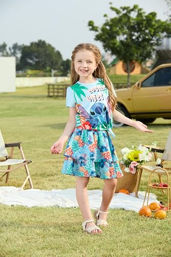 Image of Disney Frozen Elsa Stitch Minnie Princess Toddler Girls' T-Shirt & Double Ruffle Skirt 2 Piece Outfit Summer Clothes Set 2-9Y