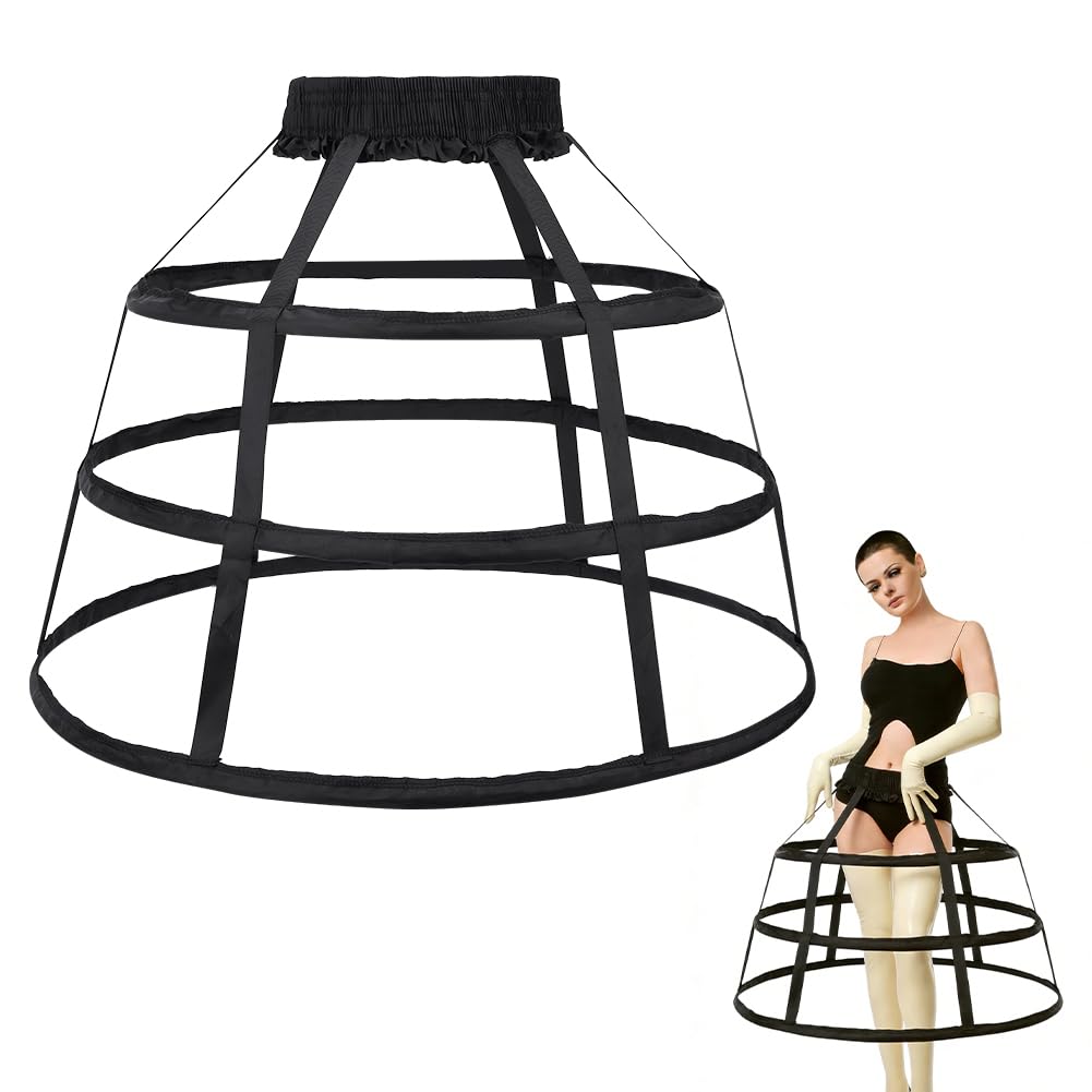 BENECREAT Black 3 Hoop Cage Hoop Skirt Petticoat, 500×550mm/19.7×21.7inch Women Victorian Petticoat Hoop Skirt, Dress Pannier Bustle Crinoline Underskirt for Wedding Dress, Christmas, Party