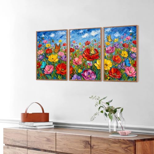 Image of CHDITB 3D Impasto Poppy Floral Wall Art, Wildflower Botanical Wall Decor