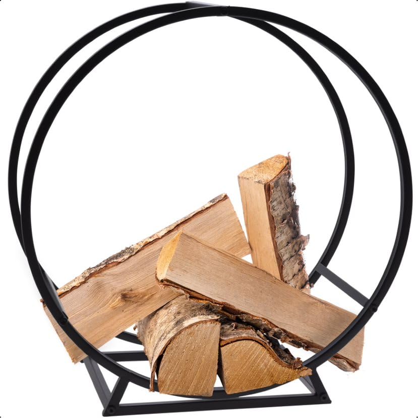 idooka Round Log Store - Indoor & Outdoor Log Holder with Ventilation & Raised Stand - Black Metal...