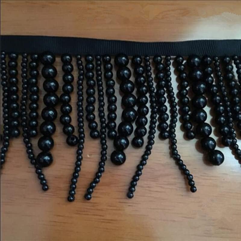 1 yarda blanca y negra larga con flecos de perlas de encaje con cuentas de borde de perlas borlas vestido de ropa borla flecos encaje decoración