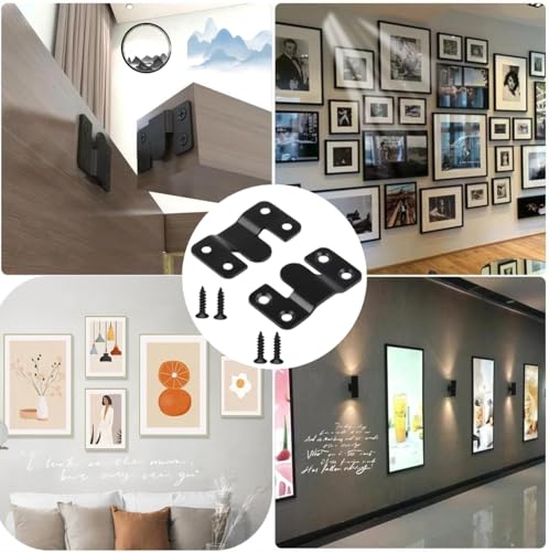 Image of 4 Pairs Interlocking Flush Mount Bracket Picture Hanging Hooks Stainless Steel Heavy Duty Photo Frame Hook Large Picture Hanger Buckle Furniture Connector Headboard Wall Mounting Hardware（Black）