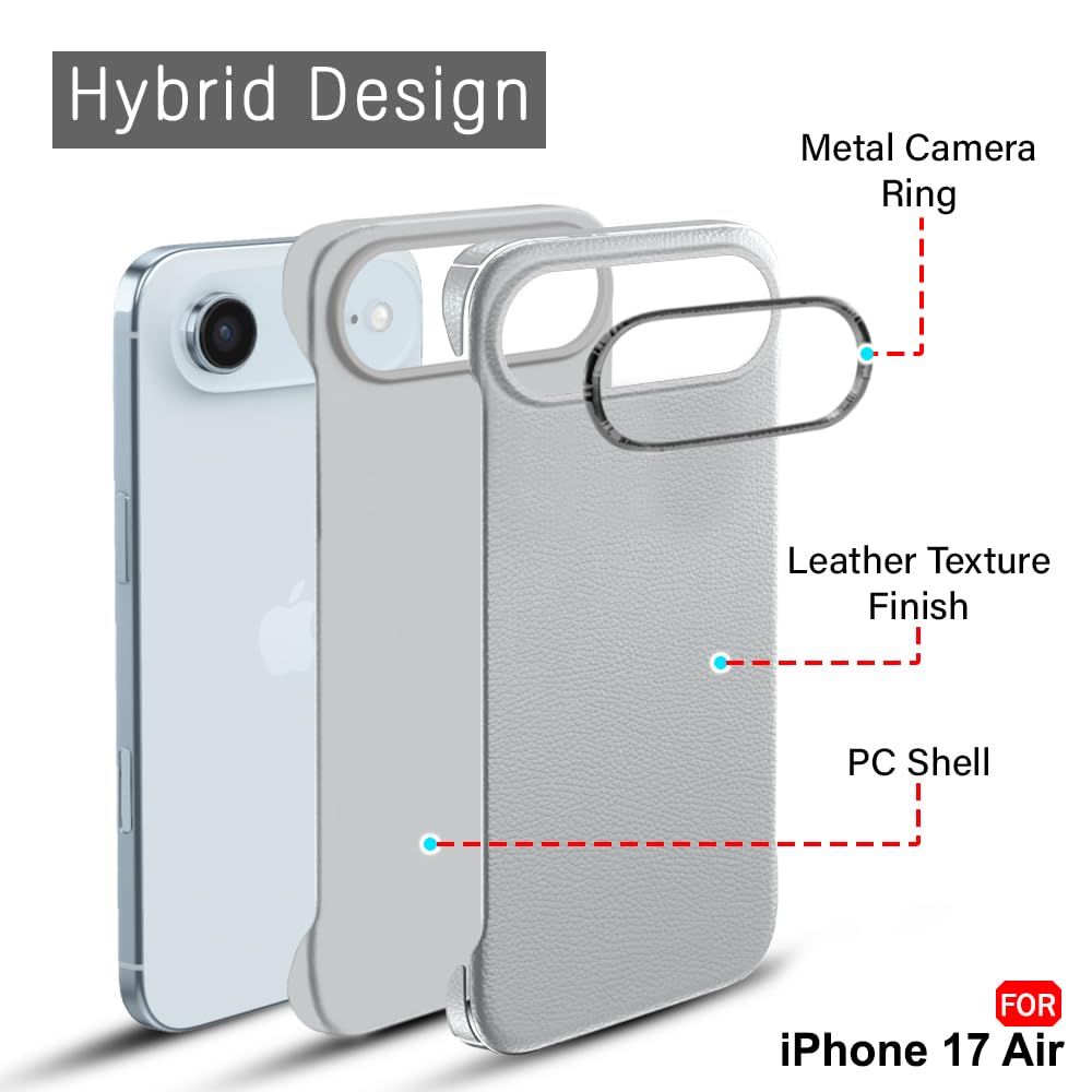 TheGiftKart Hybrid Ultimate Slim Back Case Cover for iPhone 17 Air | Lightweight Profile | Hard Back Case Cover for iPhone 17 Air (PC & TPU, Metal Camera Ring, Leather Texture Finish, Grey) — Amazon image 3