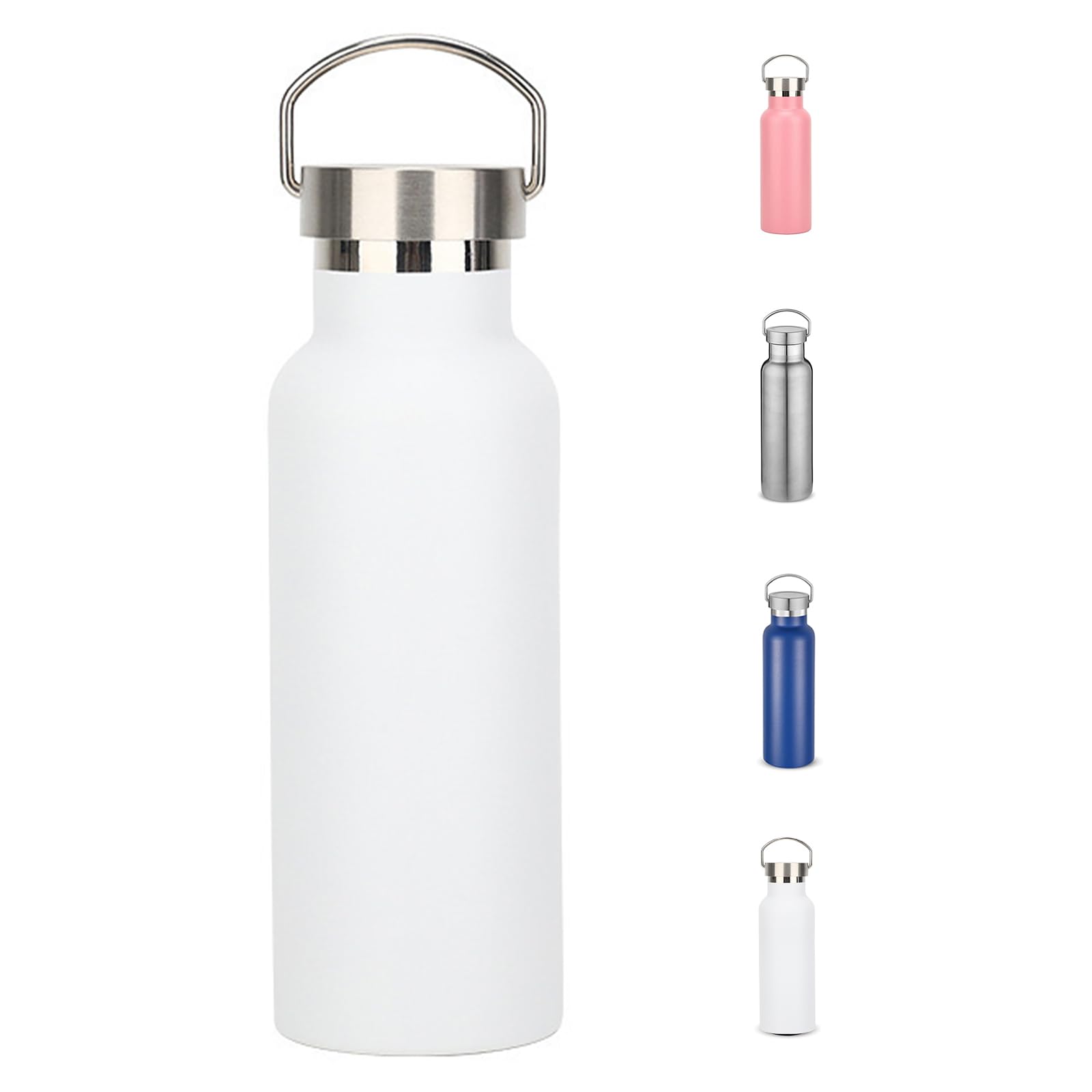 500ml Insulated Water Bottles Bulk,Stainless Steel Double Wall Sport Bottle with Lid of Handle,Metal Reusable Flask for School,Cyclists,Hikers,Gift (White)