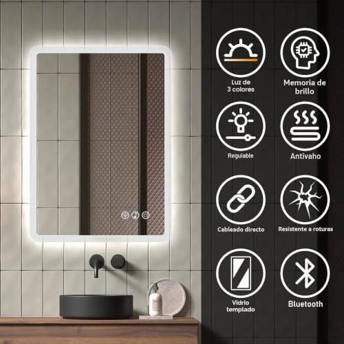 Miniatura 3 de Ratsamee Bluetooth Espejo Baño con Luz 50x70cm, Espejos de Baño con LED con Antivaho, Regulable, 3 Colores Luz, Función Memoria