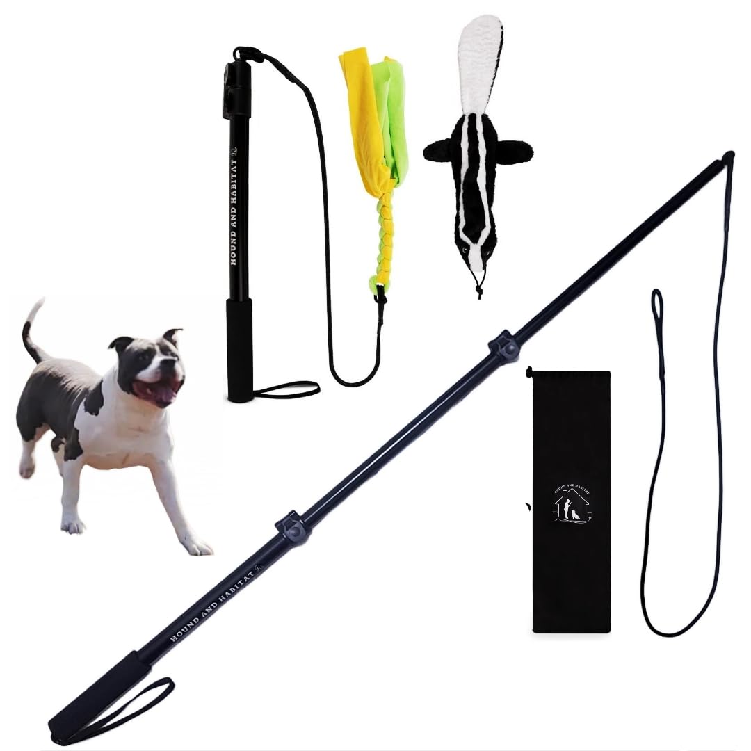 Flirt Pole For Dogs- Extendable Heavy Duty Flirt Pole For Dogs- Interactive Dog Training Toy w/ Interchangeable Lures & Instructional Guide- Engaging