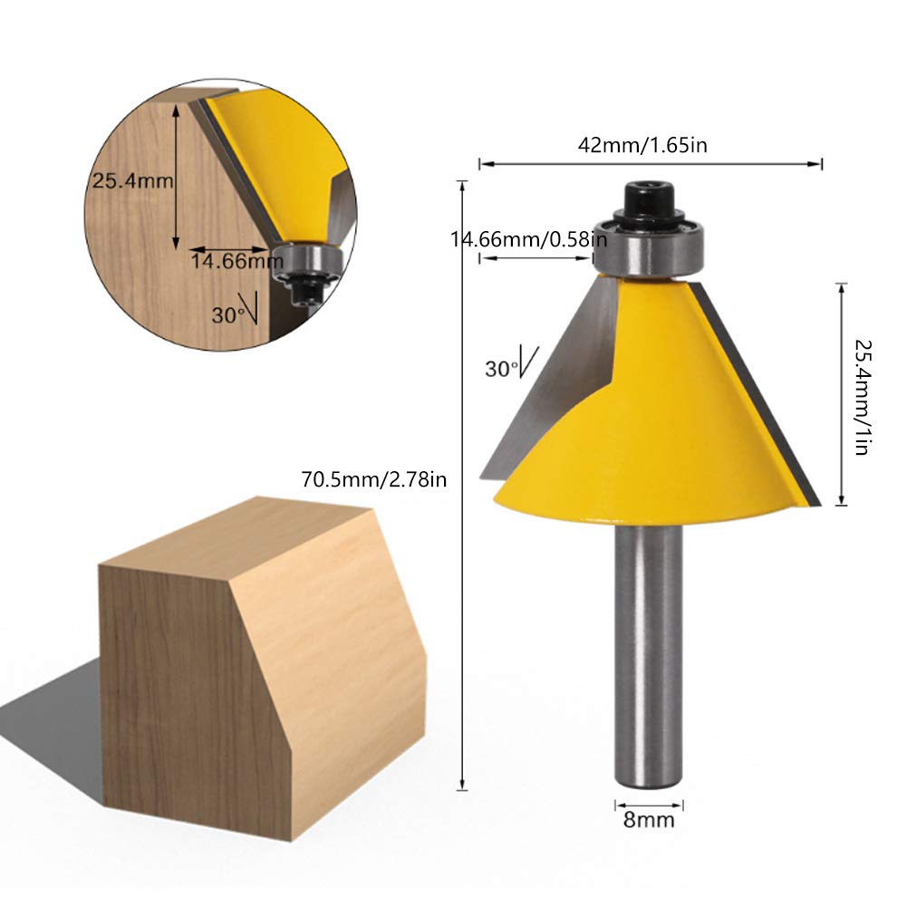 Broca de Fresado para Carpintería con Vástago de 8mm, Ángulos de 15°, 22.5° y 30°, Aleación YG6 con Rodamiento, para Madera, MDF, Contrachapado