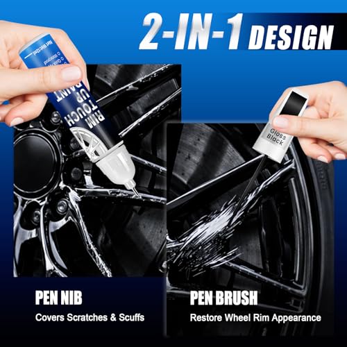 Image of Gloss Black Rim Touch Up Paint, 2-in-1 Brush & Tip, 0.4 fl oz - Universal Black Rim Curb Rash Repair Kit for Scratches, Scuffs on Alloy /Metal Wheels, OEM Color Match, Quick-Dry & Long-Lasting
