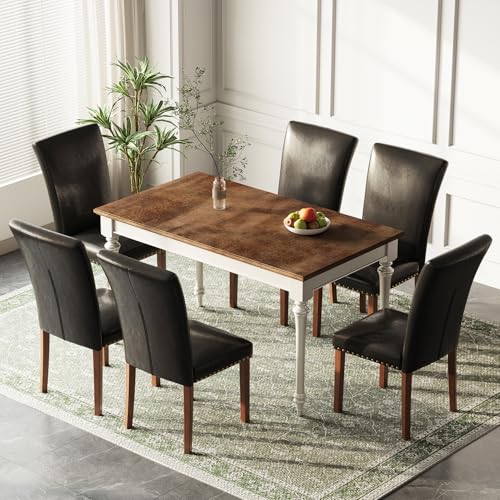 Image of Farmhouse Dining Chairs Set of 6, High Back with Wooden Legs and Nailhead Trim, Modern Fabric Dining Room Chair for Kitchen /Restaurant