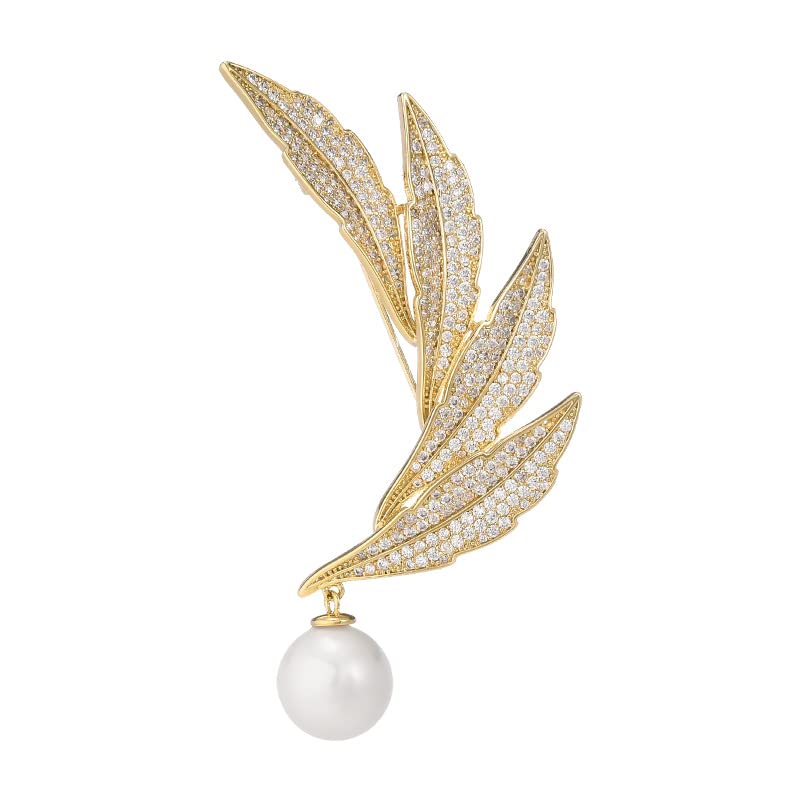 Image of Leaf Leaves Brooch Pin Rhinestone Austrian Crystal Pearl Brooches 18k Gold Plated Lapel Pin Dress Accessories Birthday Graduation Jewelry Gift for Women Men