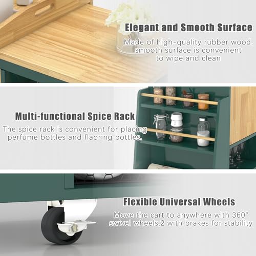 Image of NSdirect Kitchen Island Cart,Kitchen Bar&Serving Cart Rolling on Wheels with Spice Rack Towel Holder Utility Storage Trolley with Storage Drawers,Green