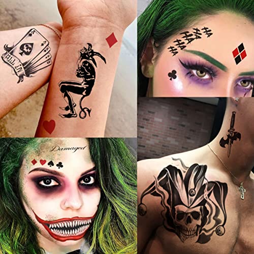 Image of GOROMON 6 Sheets The Joker Temporary Tattoos For Halloween Makeup Kit, Suicide Squad Joker Tattoos Stickers For Women Men Adults, Damaged Tattoo Joker Hand Smile Face Poker Prisoner Costume Skull Set