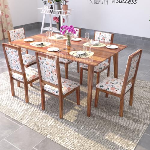 Image of DRIFTINGWOOD Atlantis Sheesham Wood Dining Table 6 Seater | Wooden Six Seater Dinning Table with Floral Cushion Chairs | Dinner Table 6 Seater | Dining Room Sets | Self Assembly, Honey Finish