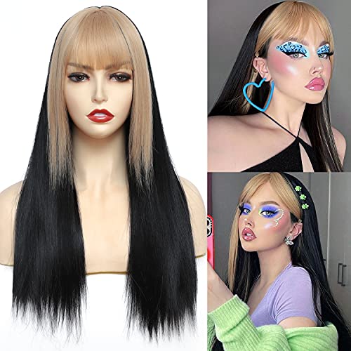 Black Wig with Bangs Long Straight Blonde Bangs Wigs for Women 22 Inch Black and Blonde Ombre Wig Heat Resistant Synthetic Wigs