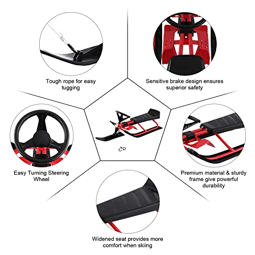 Emerising Steel Frame Snow Racer Sled For Kids Age 4 & Up/ Teenager, Ski Slider Sled With Steering Wheel & Twin Brakes & Pull Rope, Durable Frame Slider Board Holds Two Children 45 X 20 X 15'' #TOP2