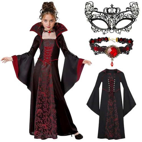 Rnoqamy Deguisement Vampire Fille, Deguisement Halloween Filles,Déguisement Vampire Enfant,Costume Halloween Enfant Carnaval Cosplay Costume Théâtre Fête (140CM（8-10 ans）)