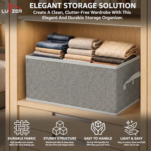 Image of Lukzer 3Pc's Grey Foldable Clothes Organiser Storage Box Stackable Space-Saving Wardrobe Organizer for Storage with Handles & Rust-Free Multipurpose Organizers Basket for Almirah Cupboard Pants Jeans