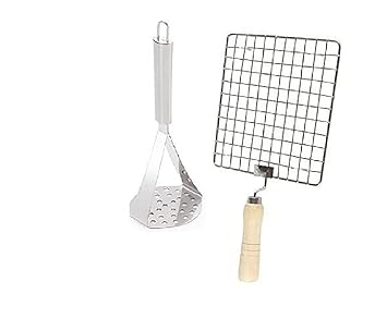 AFFODYL - Stainless Steel Potato Vegetable Masher with Wooden Handle Roaster (Pack of 2)