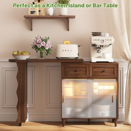 Image of 69 inch Kitchen Island with 360 Rotating Table, Bluetooth Speakers, LED Lighting, Adjustable Shelves, Storage Cabinet & Power Outlet - Walnut Finish Extendable Dining Table for Kitchen, Dining Room, Bar