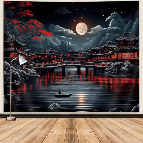 GOAOK Japanese Anime Tapestry Cool Red and Black Dark Nature Mountain Riverside Full Moon Landscape Aesthetic Tapestry for Men Asia Japanese Art Tapestries for Bedroom Living Room College 60X40