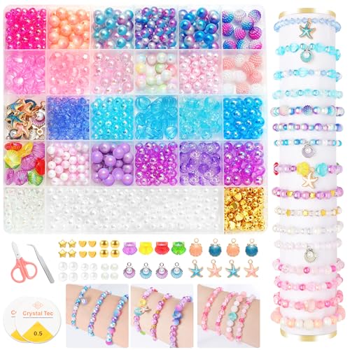 HUMTEOXI Kit Pulseiras para fazer menina, missangas fazer pulseiras com pingente de estrela do mar e concha, DIY fabrico para meninas