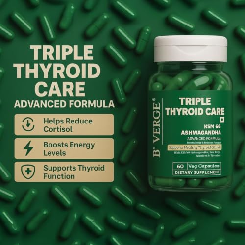Image of B'VERGE Thyroid Supplement | With Ashwagandha ksm66 | Fast-Acting Formula | Enriched with Sea Kelp, Zinc, Selenium & L-Tyrosine | Promotes Healthy Thyroid Function (60 Capsules (Pack of 1))