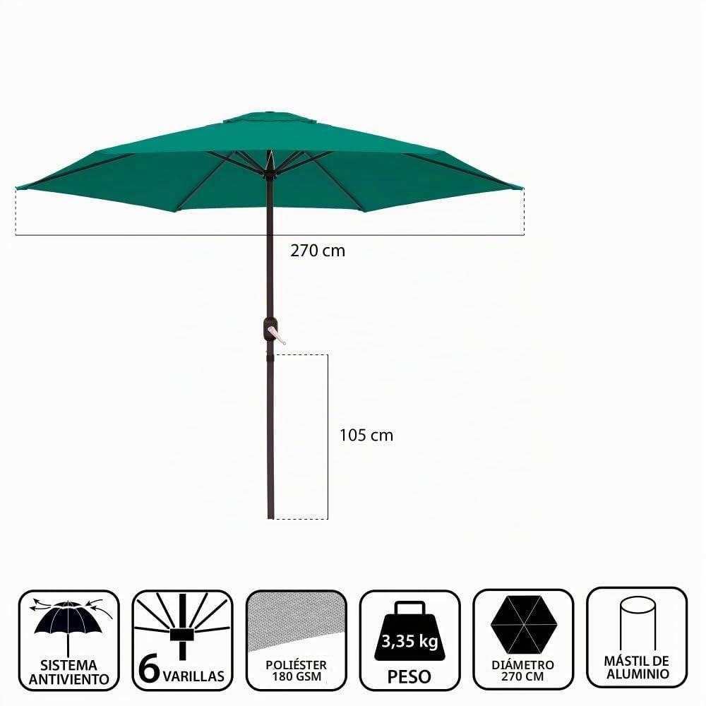 LOLAhome Parasol de Ø270 cm, mástil Ø38mm de aluminio, con Antiviento y Manivela, Elegante y Duradero, tratamiento Anti-corrosión, Para Exterior, Jardín, Terraza - Parasol 270 cm