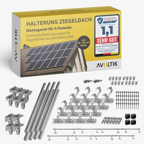 Avoltik Solar Halterung Ziegeldach I Set für 4 PV Module 30-45mm I Solarmodul Halterung Balkonkraftwerk I Solarmodulbefestigungsset für Ziegeldächer aus Edelstahl 1.4301 I PV-Halterung Montageset