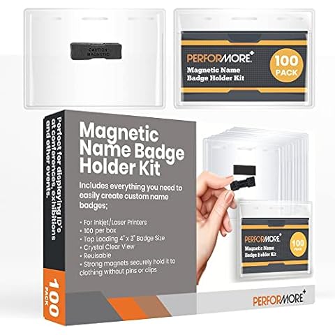 Performore 100 Pack of Magnetic Name Badge Holder Kit with Paper Inserts - 4 x3 Horizontal ID Card Name Tag for Conventions/Exhibitors- Can Be Use as Vaccine Card Holder for CDC Immunization Record Cover