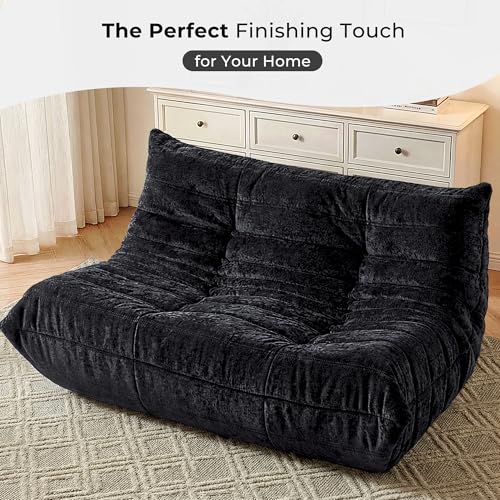 Image of Giant Bean Bag Chairs Loveseat for Adults,2 Seater,Black | Loveseat Fireside Chair, Memory Foam Lazy Bean Bag Couch for Living Room, Bedroom, Dorm, Office