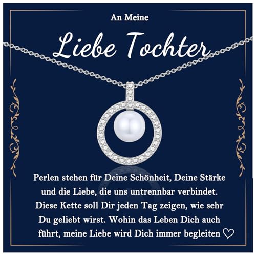 EYQV Tochter Geschenk, Perlen Kette für Tochter, Geschenkideen für Tochter, Beste Tochter Geschenke mit Karte von Mama Papa Eltern zum Geburtstag Abschluss Kommunion Jugendweihe Weihnachten