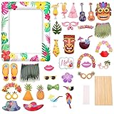 37 Pcs Hawaiian Luau Photo Booth Props Set, 36Pcs Photo Props and An Aloha Inflatable Selfie Frame,