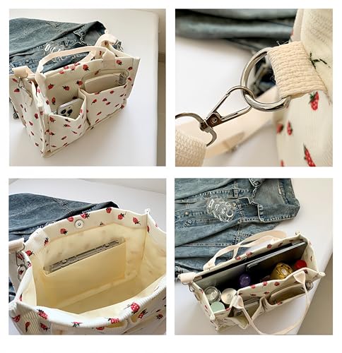 Image of Strawberry Tote Bag for Women with Pockets Corduroy Crossbody Shoulder Handbags Purse for Work