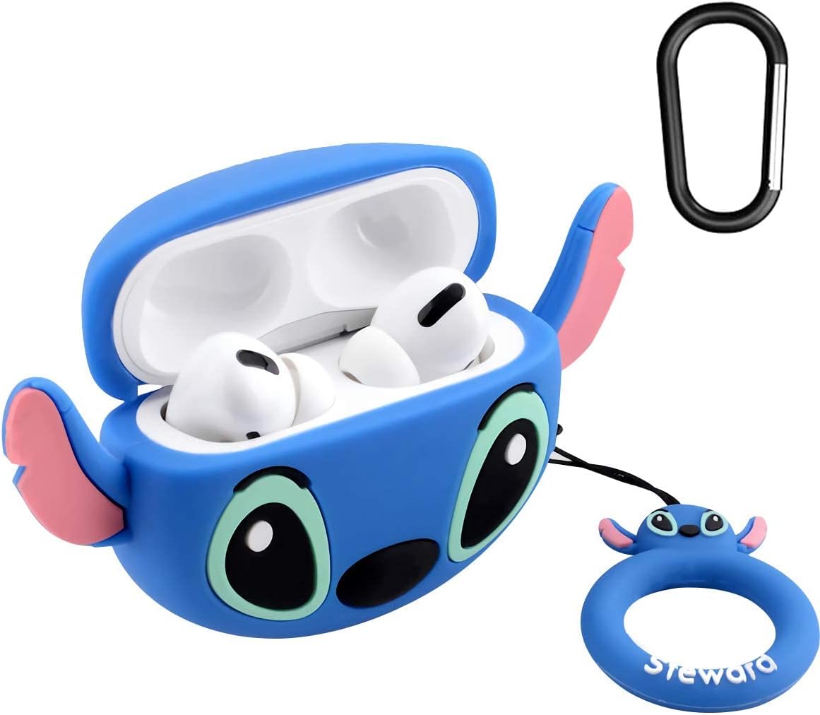 Soft Silicone Shockproof Cover, New 3D Cute Cartoon Creative Fun Case Skin with Keychain Design for AirPods Pro Charging Case 2019 (Stitch)