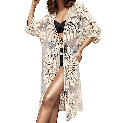 Vestido de encaje floral para mujer, estilo bohemio, holgado, kimono, para la playa, beige, talla única