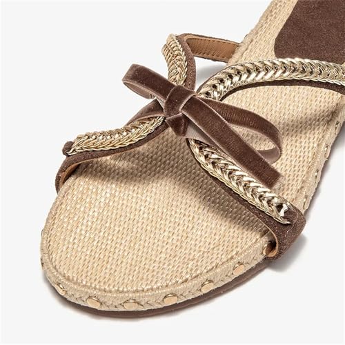 Women's Cow Suede Cross-Tied Slippers - Rivet Bowknot Mixed Color Summer Flats4