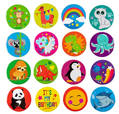 Pinback Buttons - 16-Pack Birthday Animals Round Button Pins for Kids Birthday Party Favors, 16 Designs, 2.25 Inches Diameter