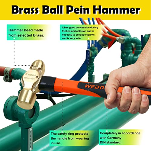 Image of WEDO 3PCS Brass Ball Peen Hammer Set,1-1 /2lb&2lb&2-1 /2lb,Fiberglass Handle,Die-Forged,Corrosion Resistant,DIN Standard