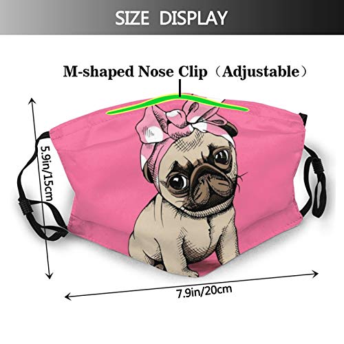 Cute Pug Dog Wearing A Bow Turban Face Mask With Filter Pocket Washable Face Bandanas Balaclava Reusable Fabric Mask For Men Women - Thumbnail 3