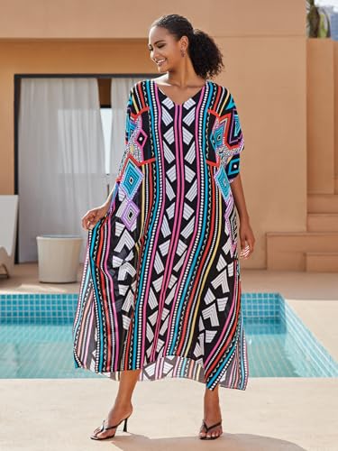 Image of KECVOT Kaftan Dresses for Women V-Neck Print Swimsuit Cover Up Plus Size Beach Caftan Lounge Dress