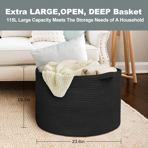 Image of MEGASKET 115L Super Large Black Blanket Basket, 23.6 inchx15.7 inch Woven Rope Bin for Storage, Oversized Kids Dog Toy Storage Box Bins, XXXL Blanket Holder for Living Room, Jumbo Wicker Basket for Organizing