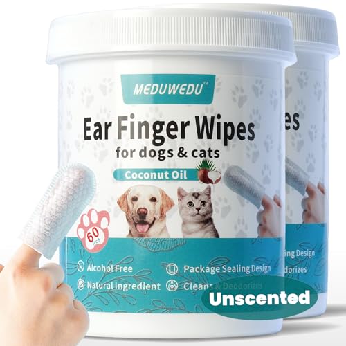 Image of MEDUWEDU Ear Cleaner Finger Wipes 120 Counts, Dog Ear Cleaner, Grooming Kit Care for Dogs and Cats, Soft & Easy Otic Cleaning Pads, Remove Wax, Dirt & Stop Smelly, Itchy, Non-Irritating, Unscented