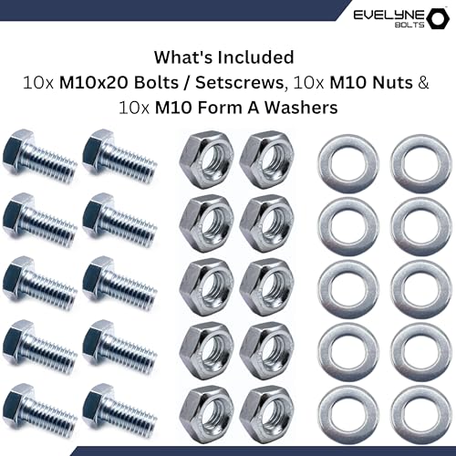 Nut, Bolt & Form A Washer Set. 10 pack, M10x20 Bolts, M10 Nuts & M10 Form A Washers, Silver, M10x20 Bolts, M10 Nuts - Image 2