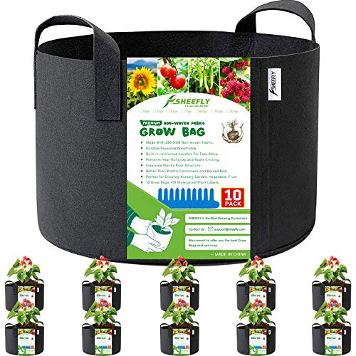 SHEEFLY Paquete de 10 bolsas de cultivo de 7 galones, contenedor de tela de aireación gruesa no tejida duradera con asas reforzadas para guardería, jardín, verduras, frutas, con 10 etiquetas para