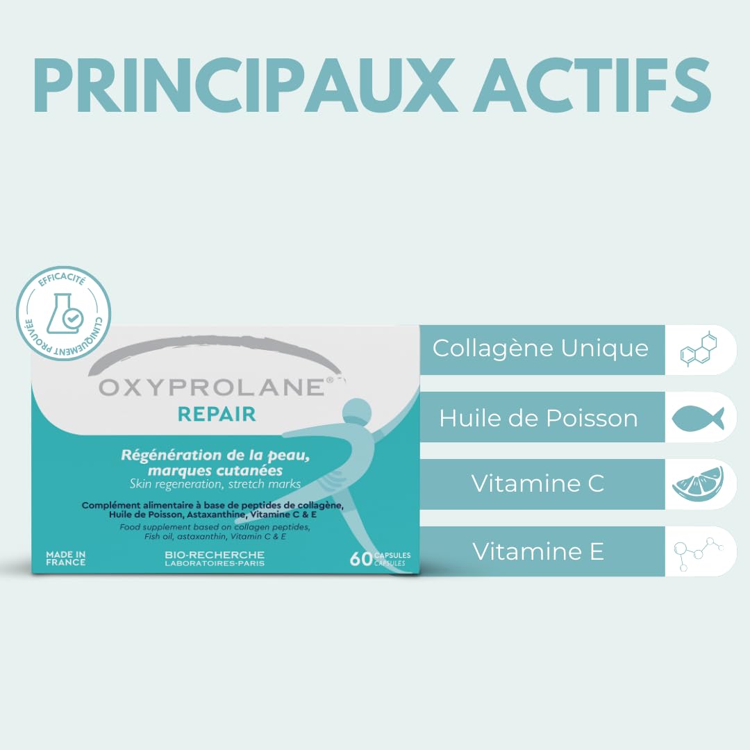 Oxyprolane Repair – Complément Alimentaire Anti-Vergetures | Peau Élastique & Régénérée | Peptides de Collagène, Astaxanthine, Vitamine C & E | 60 Gélules | Beauté & Soin de la Peau